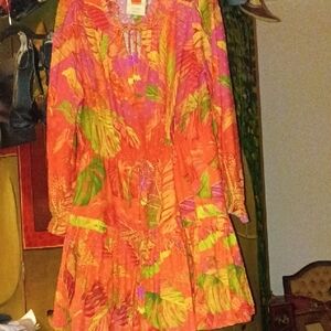 Bold Tropical Orange Leaf Print Long-Sleeve Dress